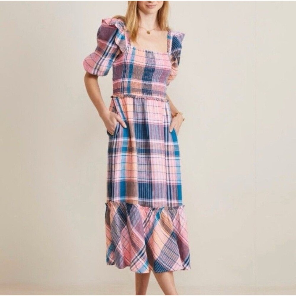 NWT Vineyard Vines Plaid Smocked Puff-Sleeve Linen Midi Dress Size Medium